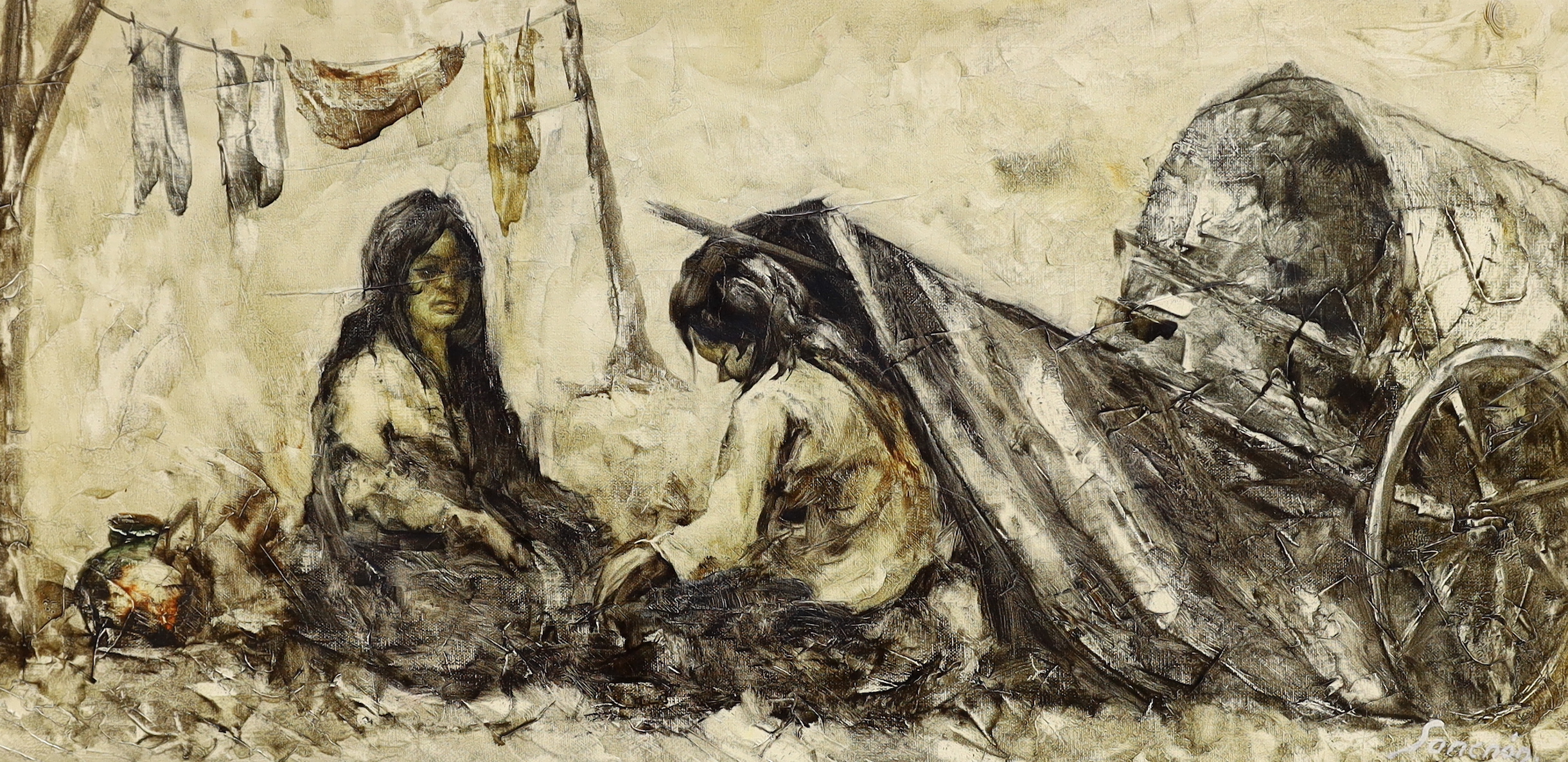 Sanchon, oil on canvas, two seated ladies beside a wagon, signed, 37 x 76cm